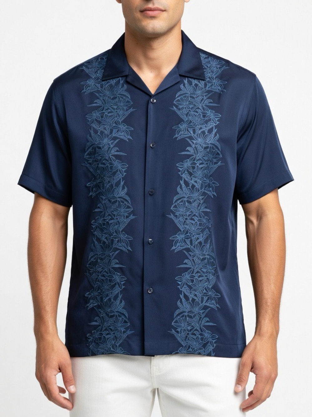 Tommy Bahama Navy Blue Silk Camp Shirt Tonal Floral Embroidery Short Sleeve XXL